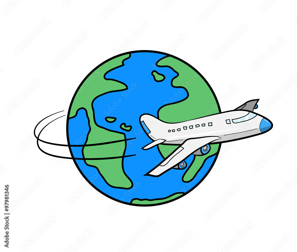 A drawing of a cartoon plane and globe